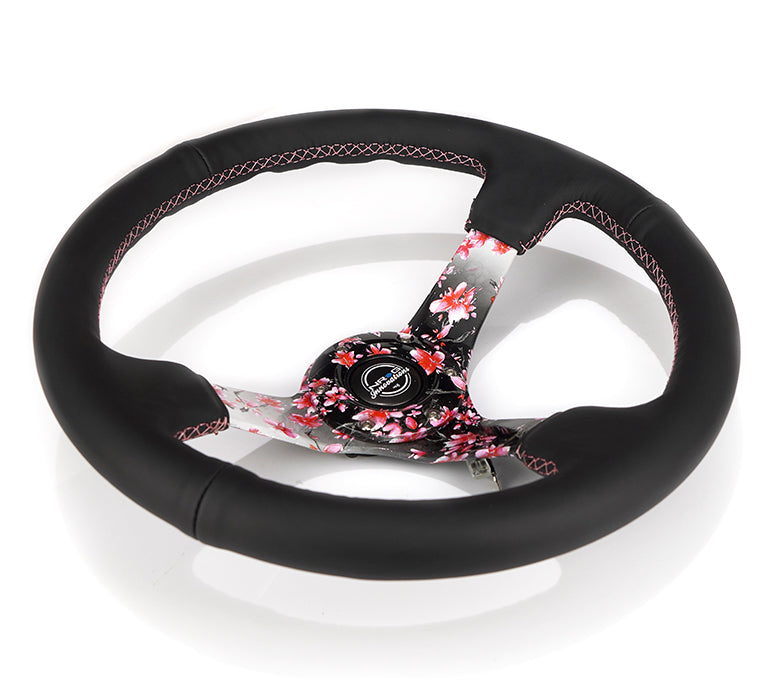 350MM DEEP DISH STEERING WHEEL LEATHER SOLID SPOKE